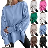 yakyamgi Oversized Crewneck Sweatshirt Women Side Slit Fleece Pullover Sweatshirts No Hood Thumbhole Long Sleeve Tunic Tops