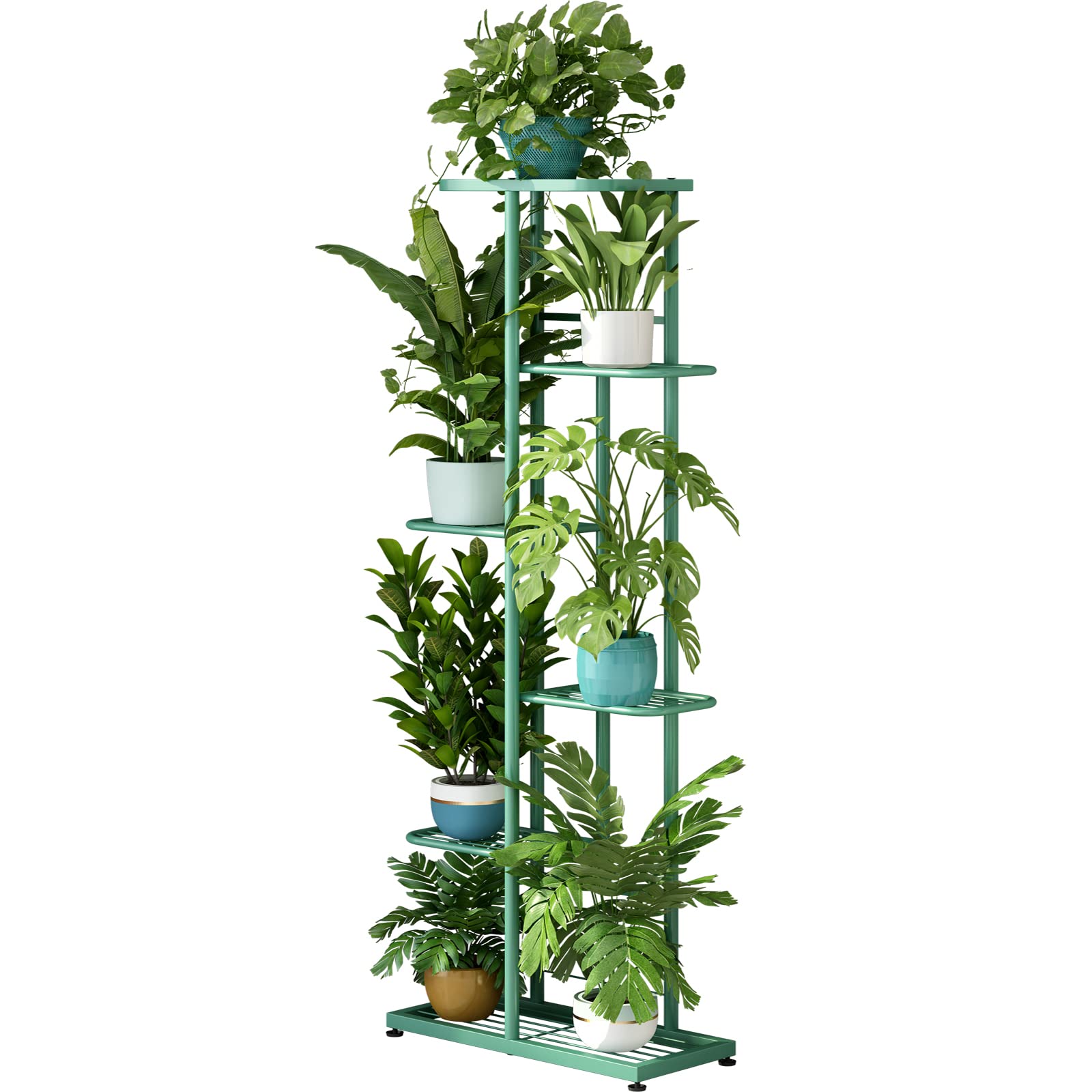 Photo 1 of LINZINAR Plant Stand Metal 6 Tier 7 Potted Multiple Flower Pot Holder Shelf Indoor Outdoor Planter Display Shelving Unit for Patio Garden Corner Balcony Living Room (6 Tier 7 Potted, Light Green)
