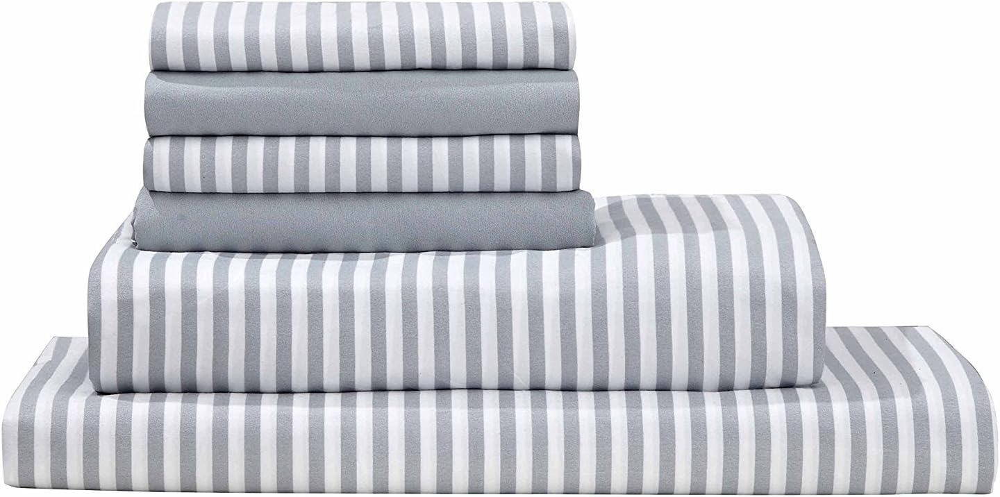 Virah Bella Debra Valencia Striped King Size Bed Sheets Cool Gray and White 6 Piece Set