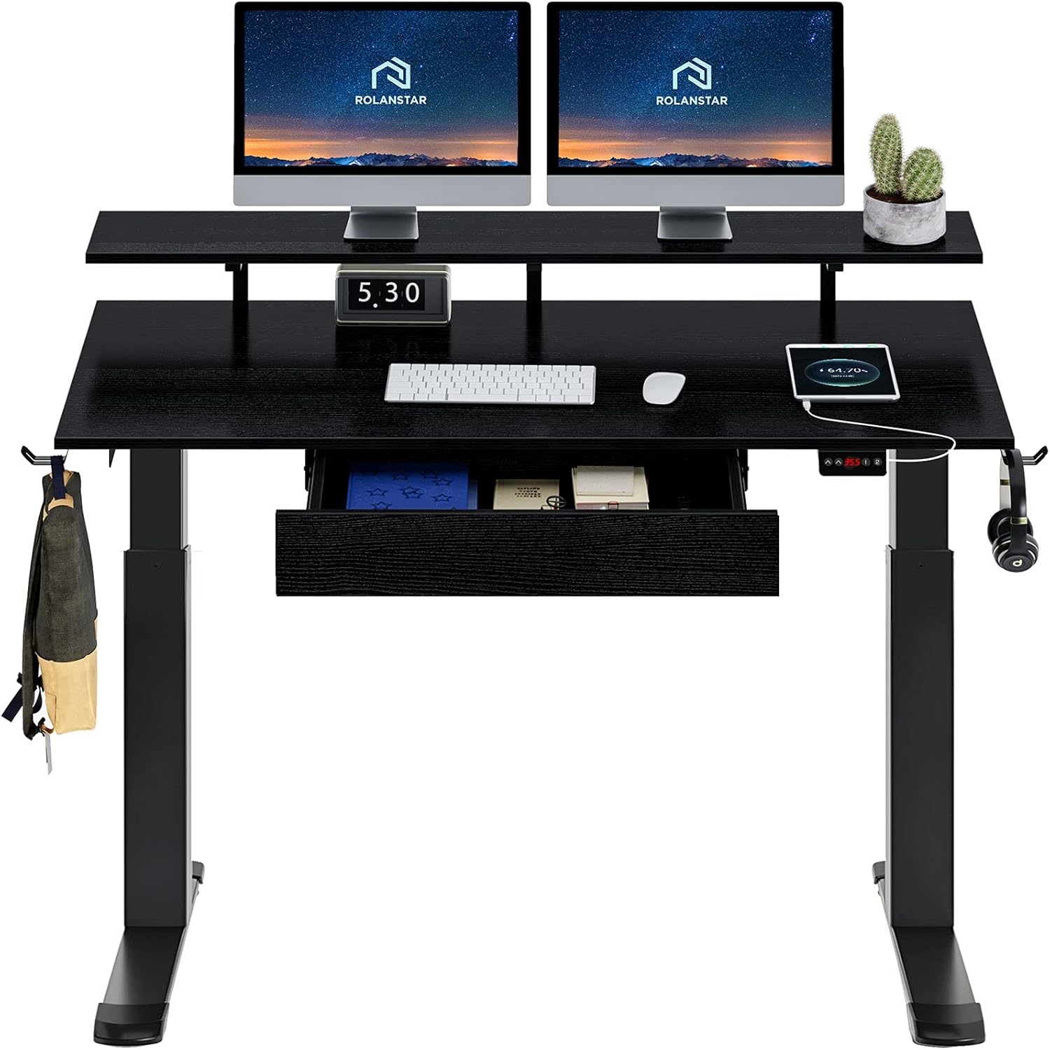 Rolanstar Standing Desk Dual Motor with USB Charging Ports, 55" Adjustable Height Desk with Drawer and Monitor Shelf, Electric Standing Desk with Double Headphone Hook, Black: Furniture & Decor