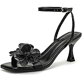 IDIFU IN3 Flower Heels for Women Slingback Stiletto High Heel Square Open Toe Heeled Sandals Wedding Bridal Bride Prom Bridesmaid Homecoming Shoes Dressy Cute Ankle Strap Heels