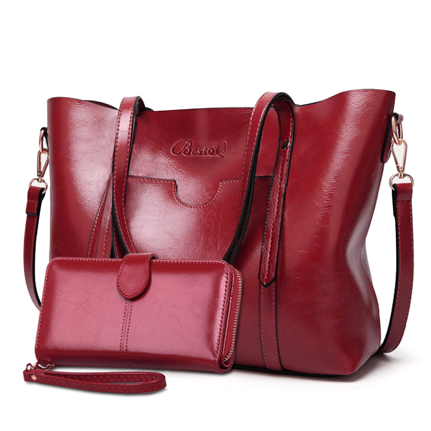 BestoU Handbags for Ladies Large Tote Shoulder Bag PU Leather with Matching Wallet Good Choice for Work Travel Gift 2 Pcs Set (Wine red)