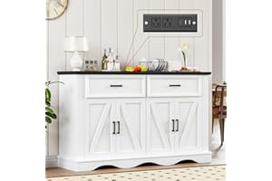 LEGACYAMERHOME 58" Large Wooden Buffet Cabinet with Storage, Modern Coffee Bar and Wine Bar, Wave Base Design, Multi-Purpose Buffet Table with Charging Station for Dining Room, Kitchen or Living Room, White.