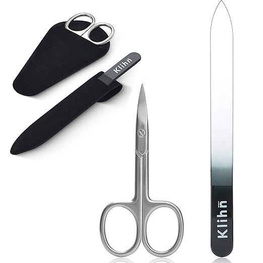 Klihn - Scharfe und rostfreie Nagelschere + Glasnagelfeile - Inklusive Etui - Professionelles Nagelpflegeset - Ideal für Mani