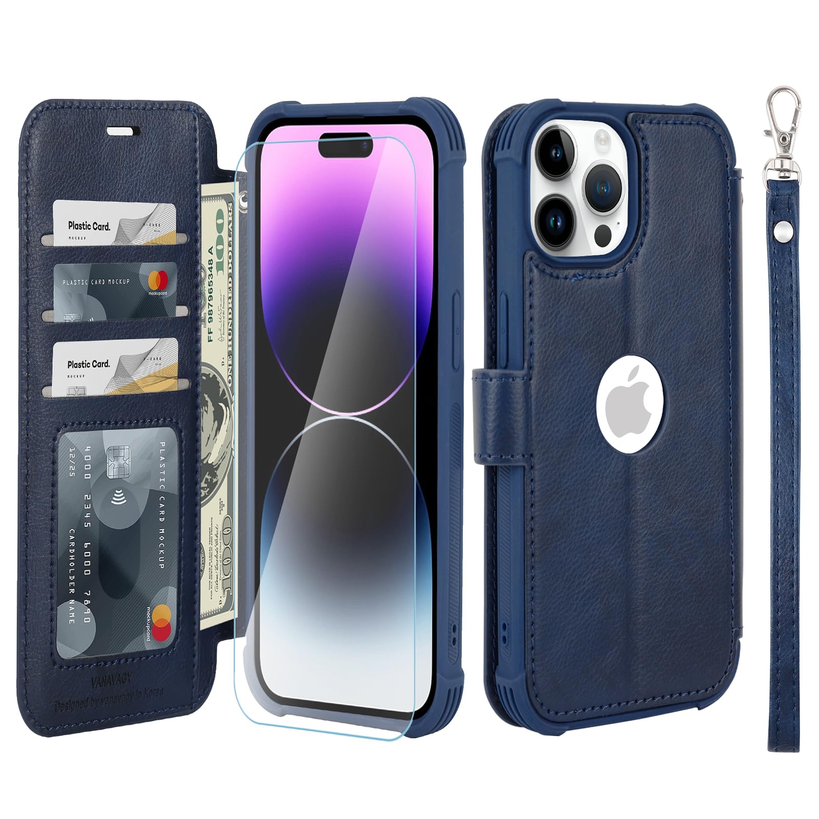 VANAVAGY Compatible for iPhone 14 Pro Wallet Case, 12ft Drop Protection, RFID Blocking PU Leather Flip Cover, Card Holder & Kickstand, Shockproof Phone Case for 14 Pro-6.1 Inch,Navy Blue