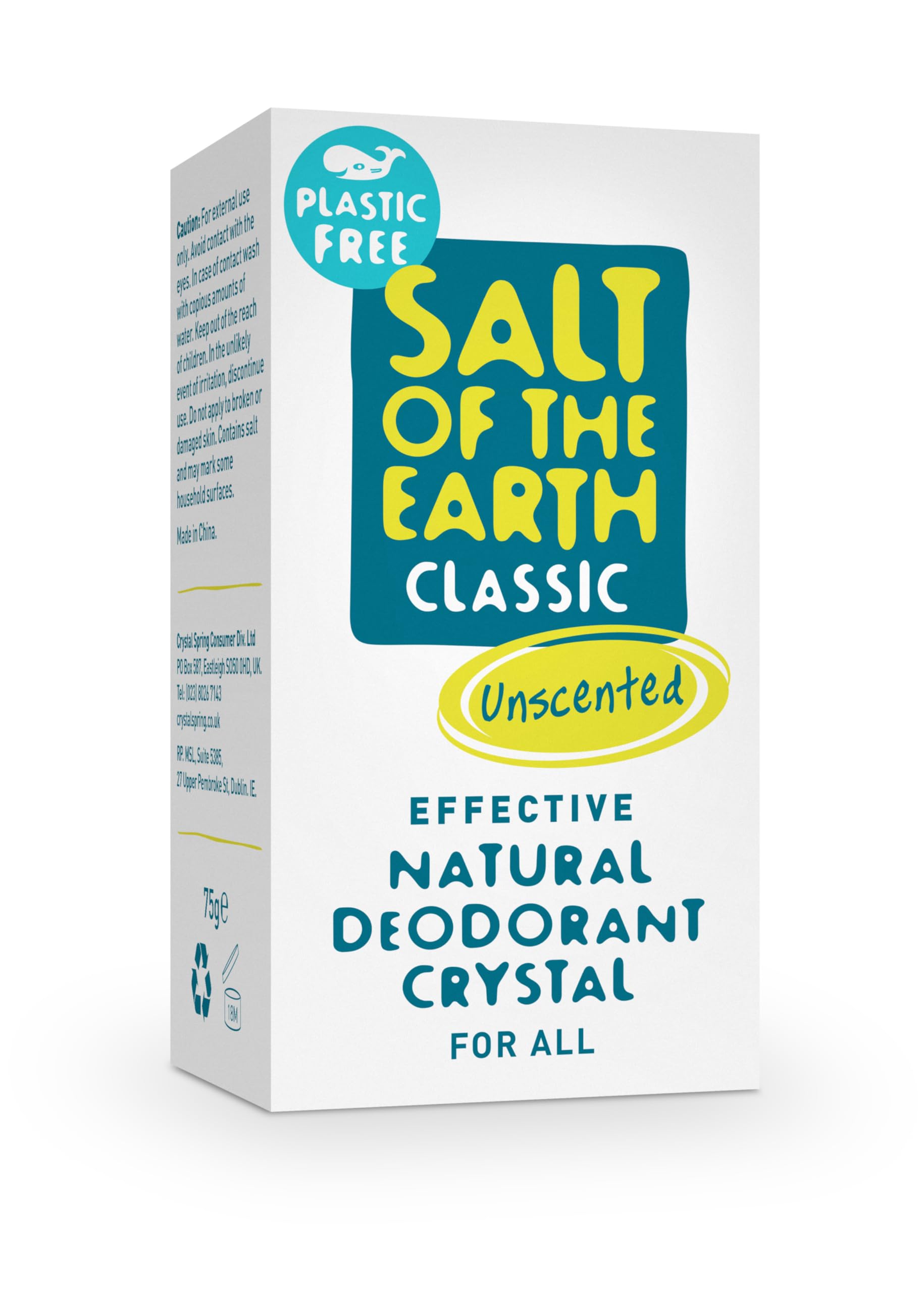 Salt of the Earth - Natural Crystal Deodorant- Plastic Free, Fragrance Free, Vegan - 100% Natural Origin Ingredients - Suitable for Women, Men, and Kids - Unscented - 75g