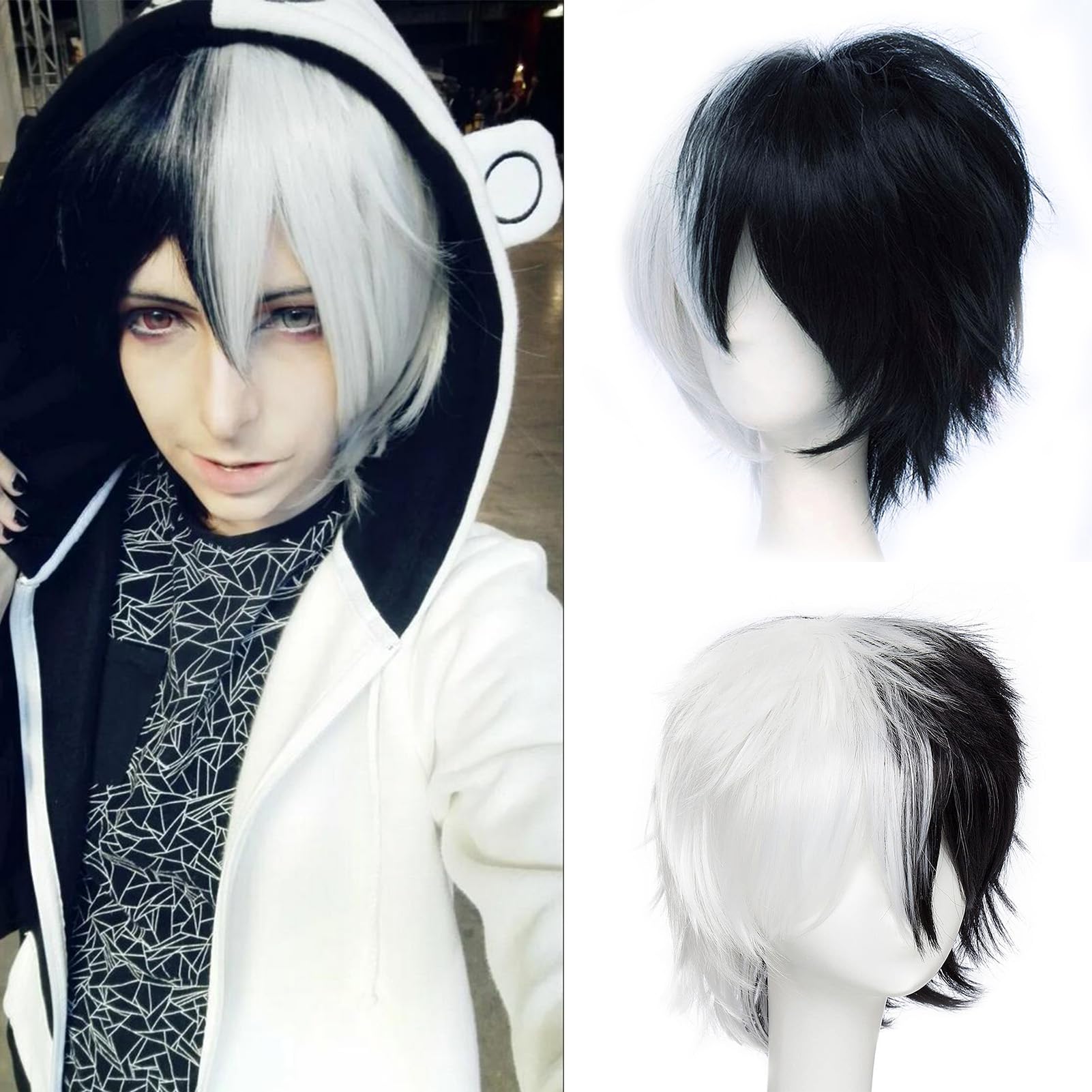 Cybelleza Anime Cosplay Wig Short Black mix White Wigs for Women / Men Synthetic Curly Straight Wig Unisex Fancy Dress Layered Fluffy Halloween Costume Party Carnival Wig with Free Cap, Smoky Pink