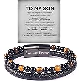 ROYNRAU Son's Tiger Eye Protection Bracelet From Mom, The Guardians To My Son Leather Volcanic Rock Black Beaded Cuff Bangle Engarved With Love You Forever Jewelry Gift For Men