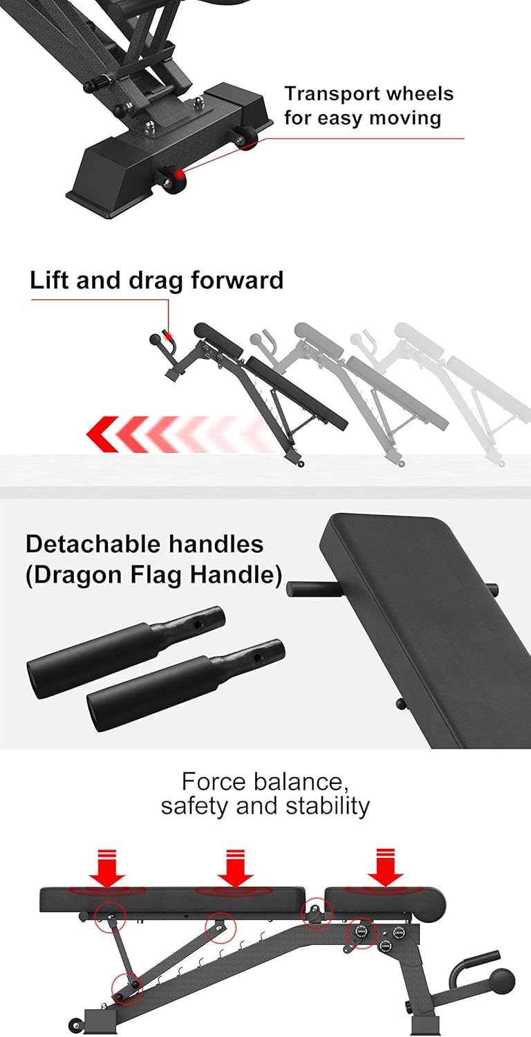 YouTen Adjustable 9 Positions Incline Decline Sit Up Bench Improved Cushion for Exercise, Handles for Dragon Flag, Rated Full Body Workout Foldable Bench for Dragon Flag (Black) : Sports & Outdoors