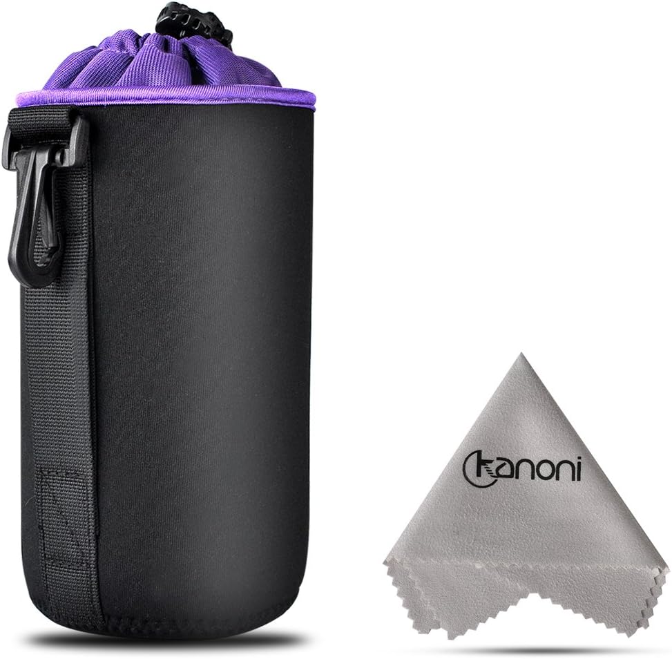 Camera lens pouch Bag (Medium 3.5"x5.5") - Kanoni 5mm Thick Protective Neoprene Lens Pouch Bag Case of Soft Plush Lining With a Hook for DSLR Camera Lens(Canon, Nikon, Pentax, Sony, etc. Black)