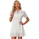 Allegra K Women's Polka dots Dress Sheer Sleeves Bow Tie Neck 2024 Summer Smocked Waist Swing Ruffle Mini Dress