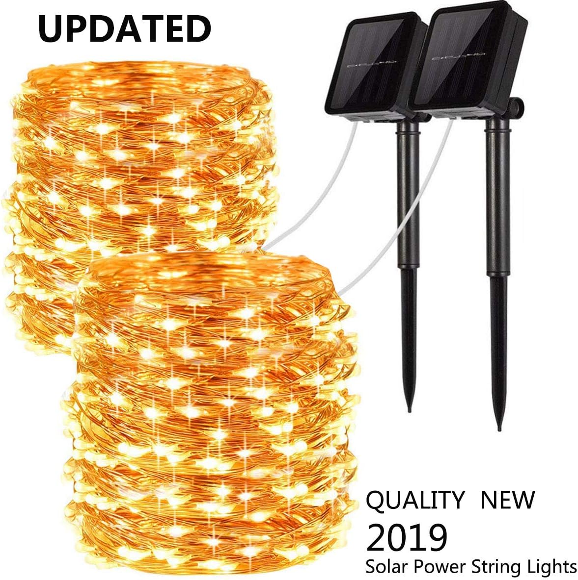 Upgraded Solar Powered String Lights, 2 Pack 8 Modes 100 LED Solar Fairy Lights Waterproof 33ft Copper Wire Lights Outdoor Garden String Lights for Home Patio Yard Party Decoration (Warm White)