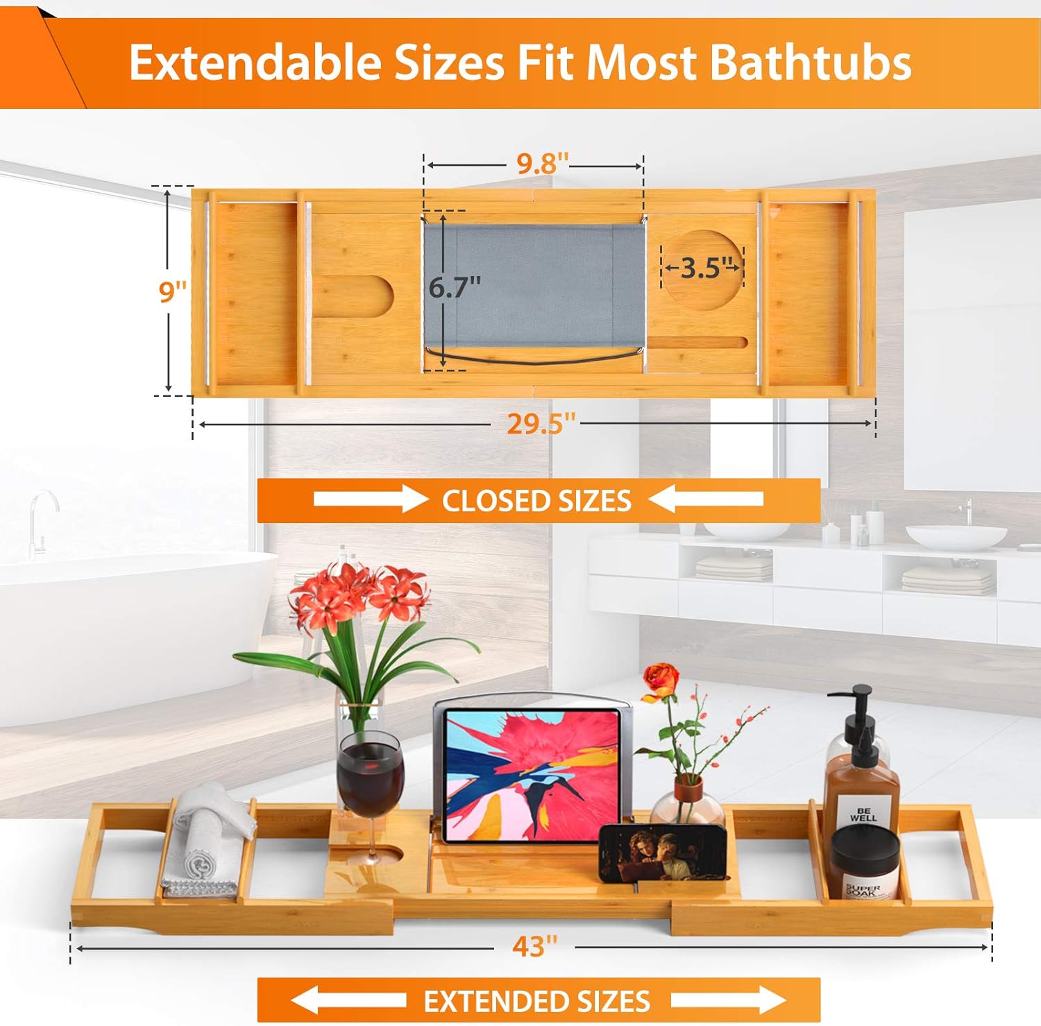 Bamboo Expandable Bathtub Caddy Tray for Bath Tub Wooden Adjustable for Luxury and Relaxing with Wine Glass Holder, Reading Slot by FURNINXS: Kitchen & Dining