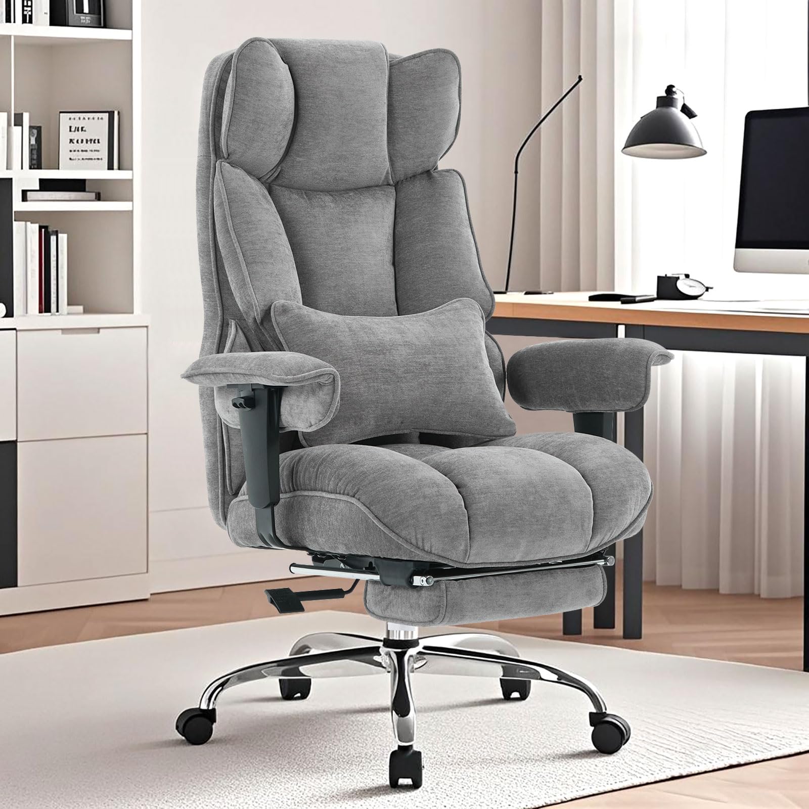 Photo 1 of Efomao Executive Office Chair, Soft-Cushioned Computer Chair with Foot Rest, Fabric Home Office Desk Chairs, Big and Tall Office Chairs, Grey