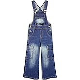 KIDSCOOL SPACE Girls Denim Overalls,Wide Leg Accordion Deep Heel Pockets Cargo Jeans Dungarees