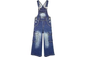 KIDSCOOL SPACE Girls Denim Overalls,Wide Leg Accordion Deep Heel Pockets Cargo Jeans Dungarees