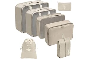 Organizador Viagem Kit 7 Peças - Necessaire para Bagagem Malas Roupas Bolsa Cosméticos Higiene - Dobrável Impermeável Multiuso Feminina Masculina Unissex Grande Compacto Prático (BEGE)