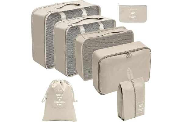 Organizador Viagem Kit 7 Peças - Necessaire para Bagagem Malas Roupas Bolsa Cosméticos Higiene - Dobrável Impermeável Multiuso Feminina Masculina Unissex Grande Compacto Prático (BEGE)