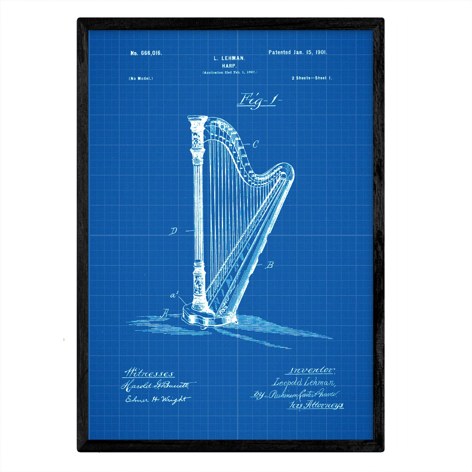 Nacnic Poster patent Harp. Sheet with old design patent A3 size with blue background