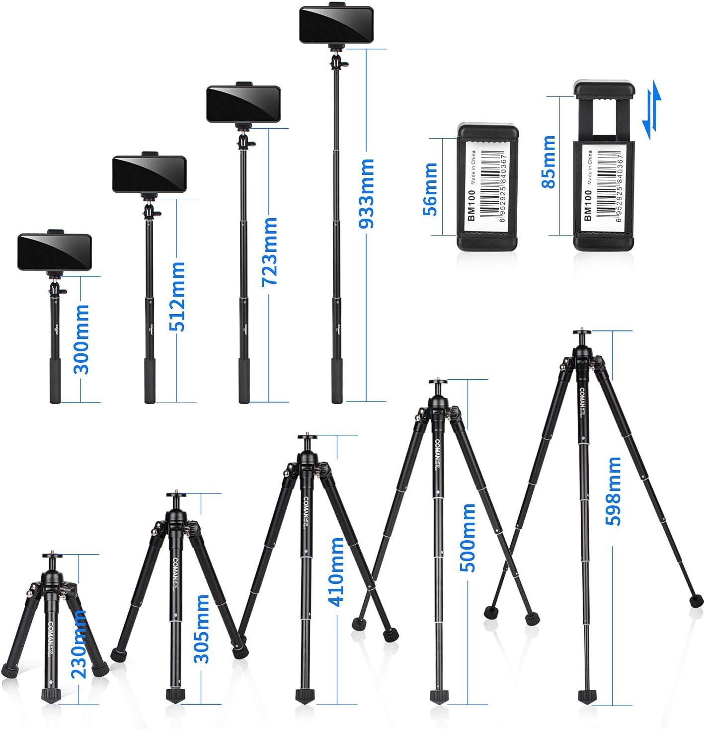 63" Tripod, COMAN Premium Phone Tripod, Portable All-in-One Professional Camera Tripod, Lightweight Aluminum, Bluetooth Remote for iPhone & Android Devices, Non Skid Tripod Feet: Camera & Photo