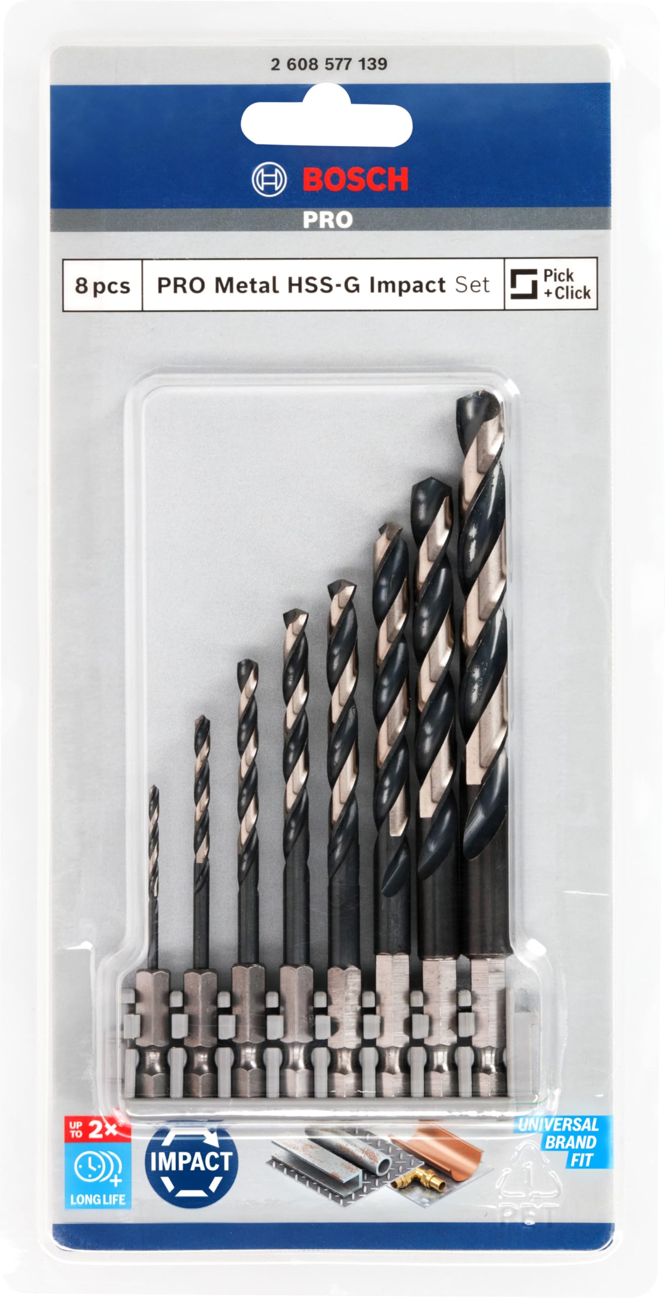 Bosch 8X PRO Metal HSS-G Impact Twist Drill Bit Set (for Non-Ferrous Metals, Steel, Ø 2,0, 3,0, 4,0, 5,0, 6,0, 7,0, 8,0, 10,0 mm, Professional Accessory Impact Drill/Driver, Rotary Drill/Drivers)