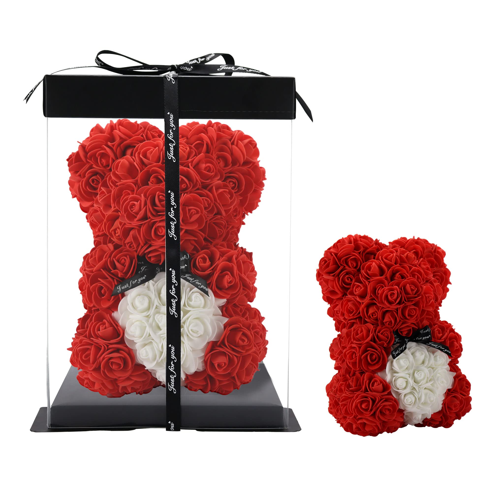 Rose Bear Hand Made Teddy Bear Flower Bear Rose Teddy Bear - Gift for her, friend gifts,gifts for women,Clear Gift Box 10 inch (red)