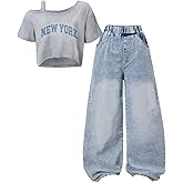 OYOANGLE Girl's 2 Pieces Outfits Y2K Letter Print Top Shirts and Denim Loose Long Pants Jeans Sets