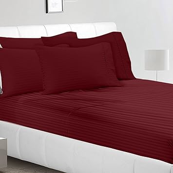 Magnetic Shadow 250 TC Self Stripe Queen Size Elastic Fitted Bedsheets, Maroon