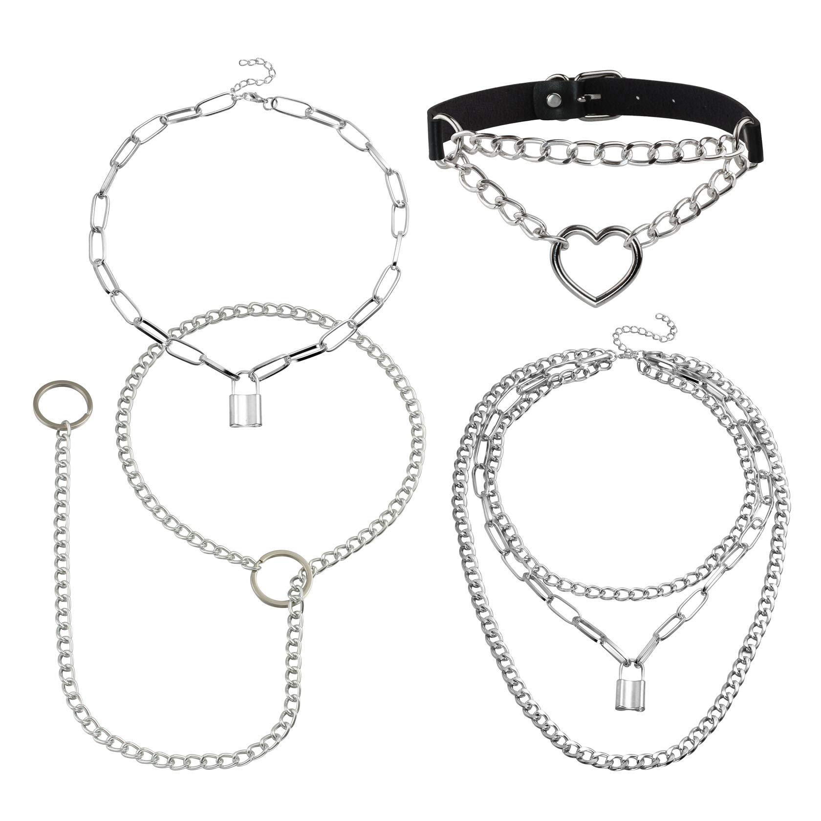 MIilakoo 4Pcs PU Leather Choker with Alloy Chain Three Layers Lock Pendant Necklace for Women