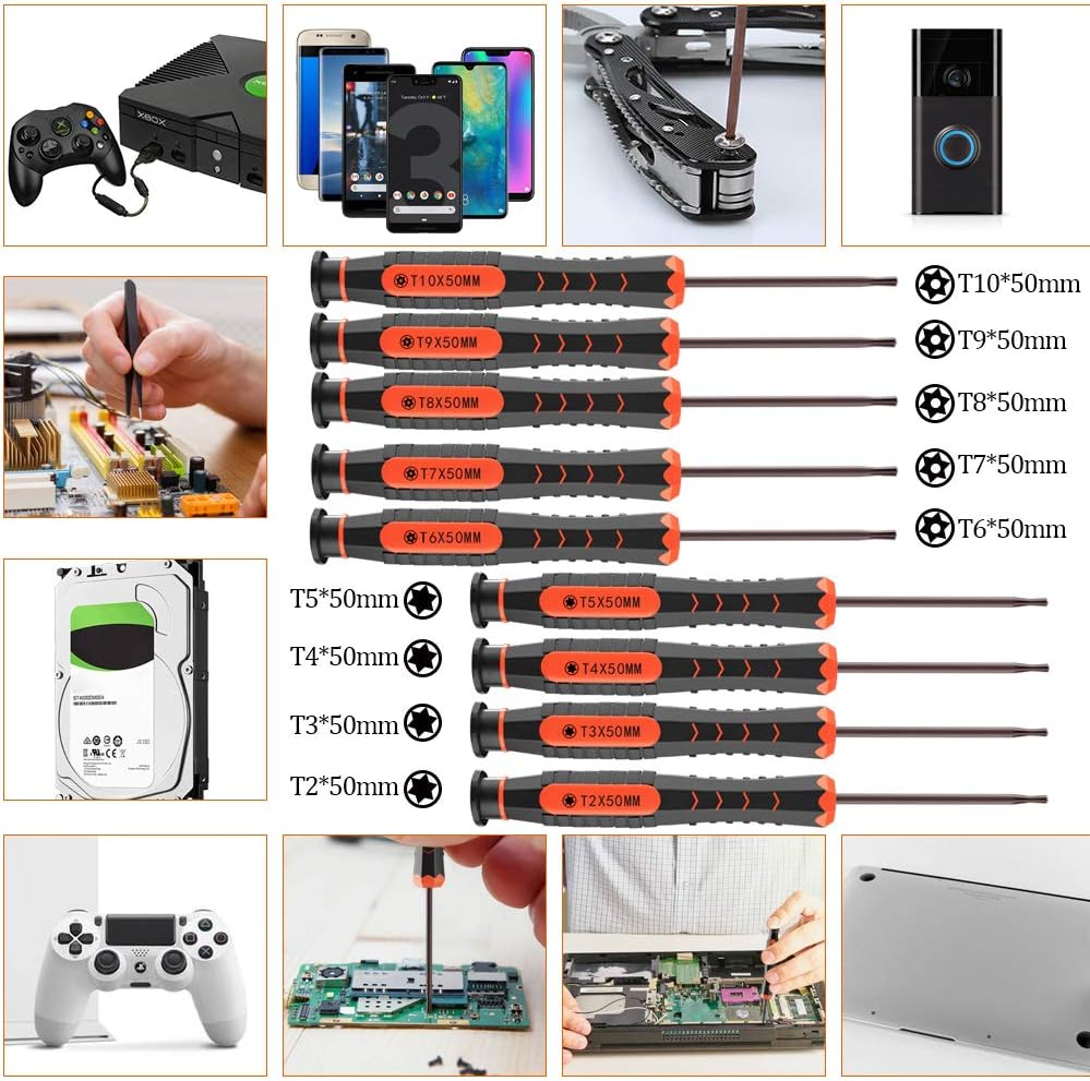 XBRdepot Torx Screwdrivers Set T2 T3 T4 T5 T6 T7 T8 T9 T10 Security Torx Bits Star DIY Repair Kit ESD Tweezers for Xbox PS4 Macbook Laptop Computer Doorbell Folding Knife HDD - Video Game Accessory Kits - 