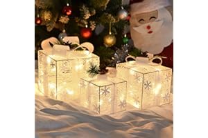 BSTGE Christmas Lighted Gift Boxes, Set of 3 Christmas Decorations for Home, Light up Christmas Ornaments, Warm White LED with Bows for Indoor Party Holiday, Christmas Decor(Snow)