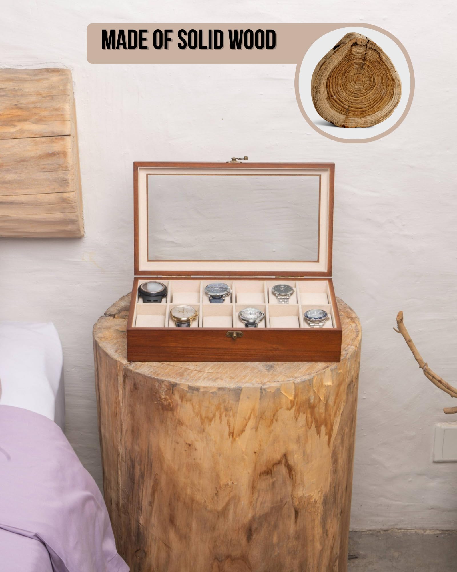 Exper City Watch Box, Watch Case for Men Women with Large Glass Lid, Wooden Watch Display Storage Box with 12 - Slots, Classic Walnut Mens Watch Box Organizer