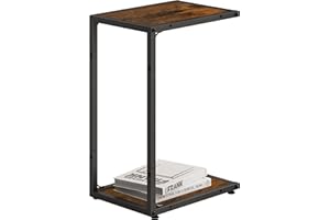 Gewudraw C Shaped End Table for Couch, 2-Tier C Table with Storage Shelf, Small Side Table with Metal Frame for Living Room, Bedroom, Rustic Brown and Black