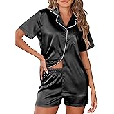 Ekouaer Womens Silk Satin Pajamas Set 2 Piece Pjs Short Sleeve Sleepwear Button Down Top and Shorts Loungewear S-XXL