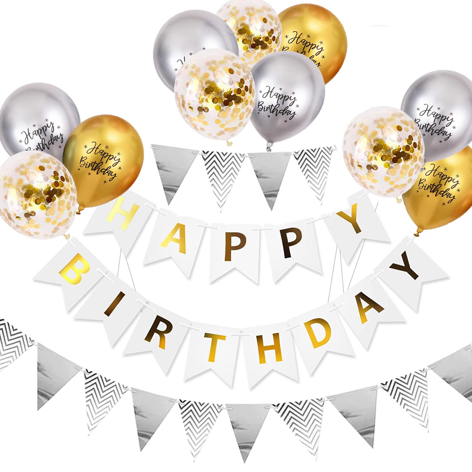 Happy Birthday bunting Banner balloons, 12 inch silver white Party Decorations Happy Birthday Bunting Banners for Birthday Party Decorations