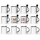 AGH Sublimation Coffee Mugs Blank 11 oz, White Straight Ceramic Cups with Black Interior, Handle, Spoon, Bulk Bundle Set of 12