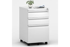 VIYET 3 Drawers Mobile File Cabinet, Rolling File Cabinet Fully Assembled Under Desk, Metal Filing Cabinet with Lock for Home Office Organizer Letters/Legal/A4 (White)