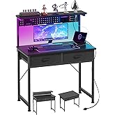 MUTUN Small Desk with Drawers, 31 Inch Computer Desk with Power Outlet & LED Light, Gaming Desk with Adjustable Monitor Stand & Pegboard, Modern PC Study Writing Table for Bedroom, Black