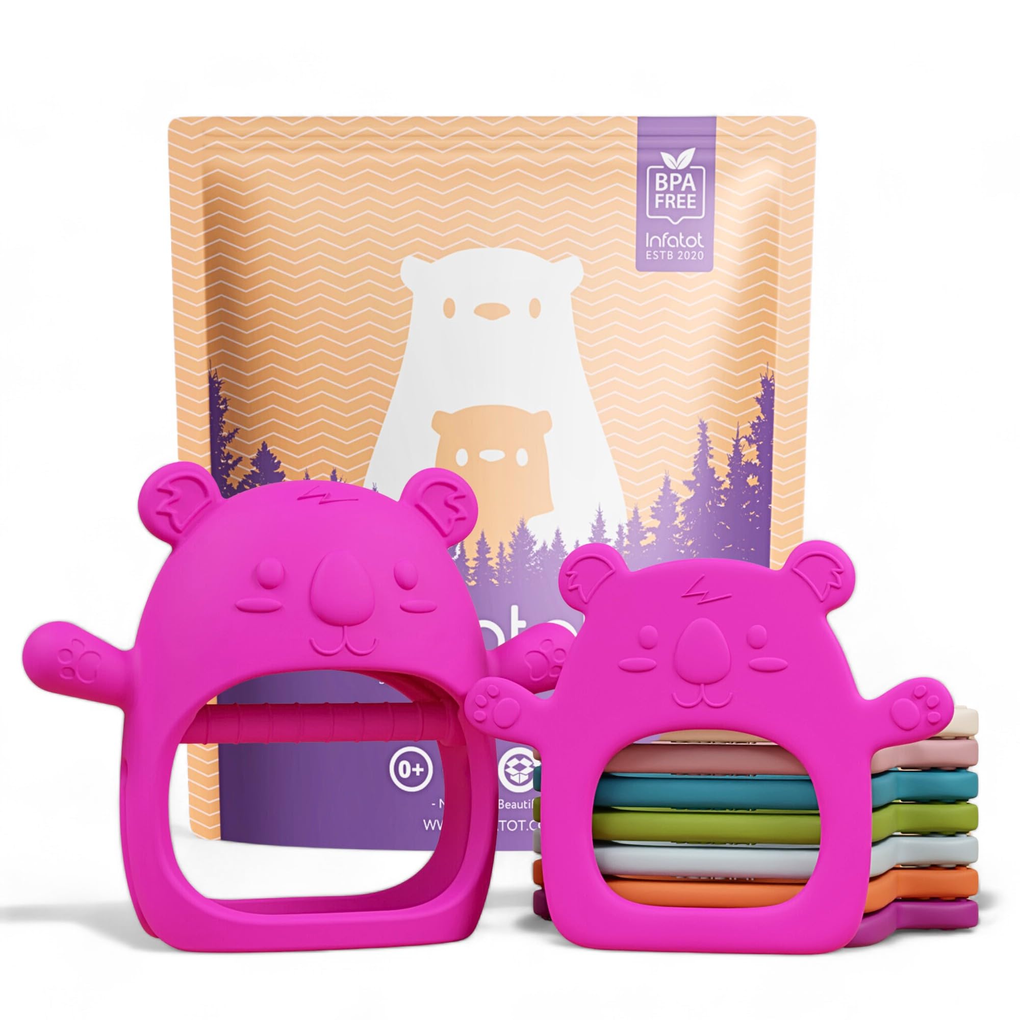 Infatot® Teething Toys for Baby Gifts – 2-Pack Koda Koala Teether Mitten Glove, Soothing Hand Teethers for Infants, Baby Toys 0-6 Months and Up, Newborn Essentials for Teething Relief, Bright Pink.