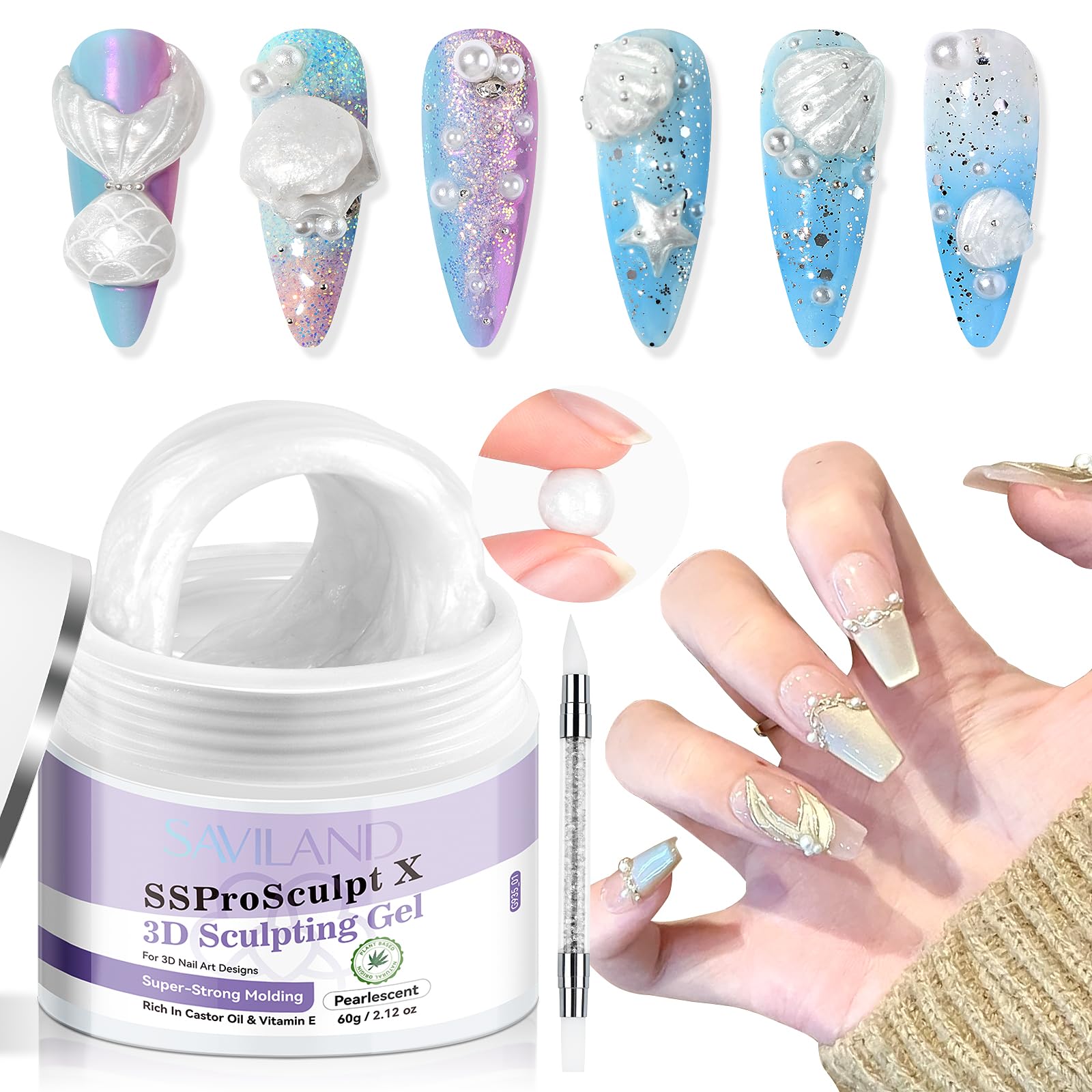 SAVILAND Pearlescent 3D Sculpting Gel: Ultra Strong Solid Molding Gel, 60g No Wipe Nail Carving for Professional Salon Use