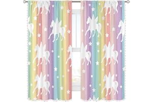Cinbloo Rainbow Unicorn Curtains 42W x 63L Inch Rod Pocket Baby Girls Bedroom Decor Colorful Pom Pom Kids Nursery Child Mermaid Stripe Stars Printed Playroom Living Room Window Drapes Fabric 2 Panels