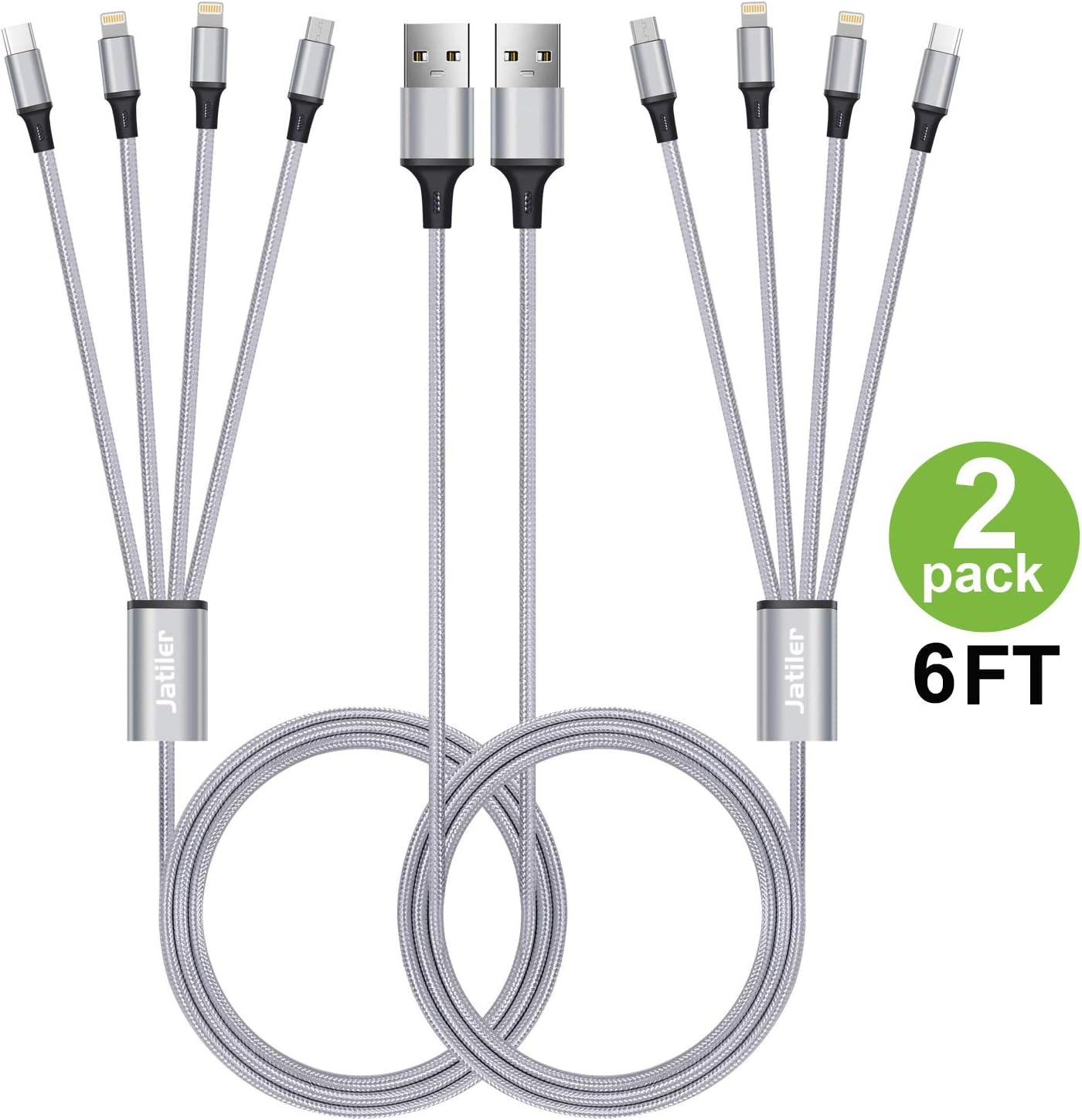2Pack 6FT Multi Charging Cable 3A, Multi Charger Cable Nylon Braided 4 in 1 Multi USB Cable Multiple Charger Cord Connector with Dual Phone/Type C/Micro USB Port for Cell Phones and More[Upgraded]