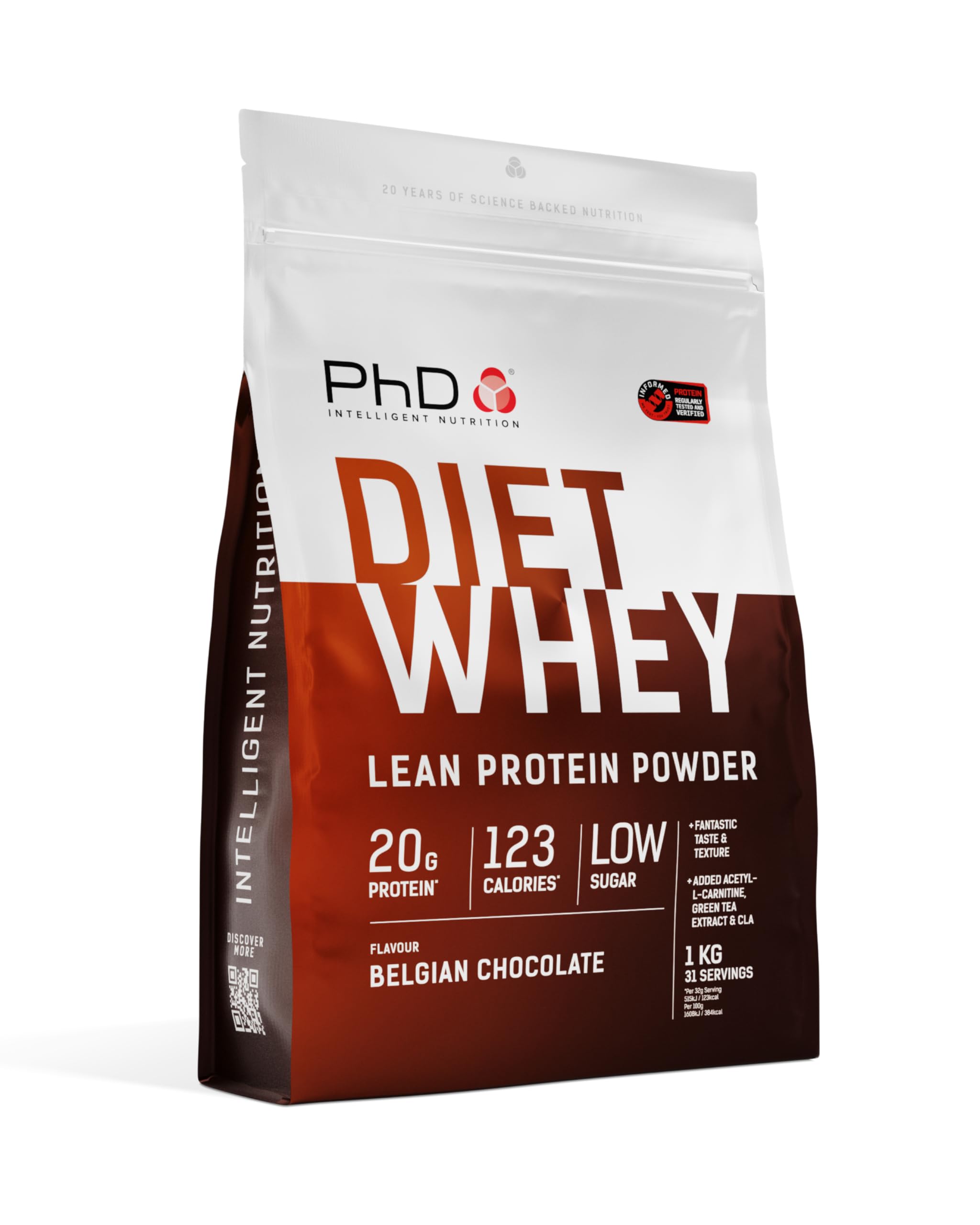 PhD Nutrition Diet Whey Lean Protein Powder, Belgian Chocolate Whey Protein Powder, 1kg Bag, Gluten-Free