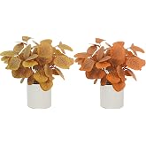 Prashent 2 Pcs Artificial Fall Flowers Autumn Mini Plants with Vase Fake Potted Plants Eucalyptus Leaves Decor for Home Table Mantel Office Wedding Harvest Thanksgiving