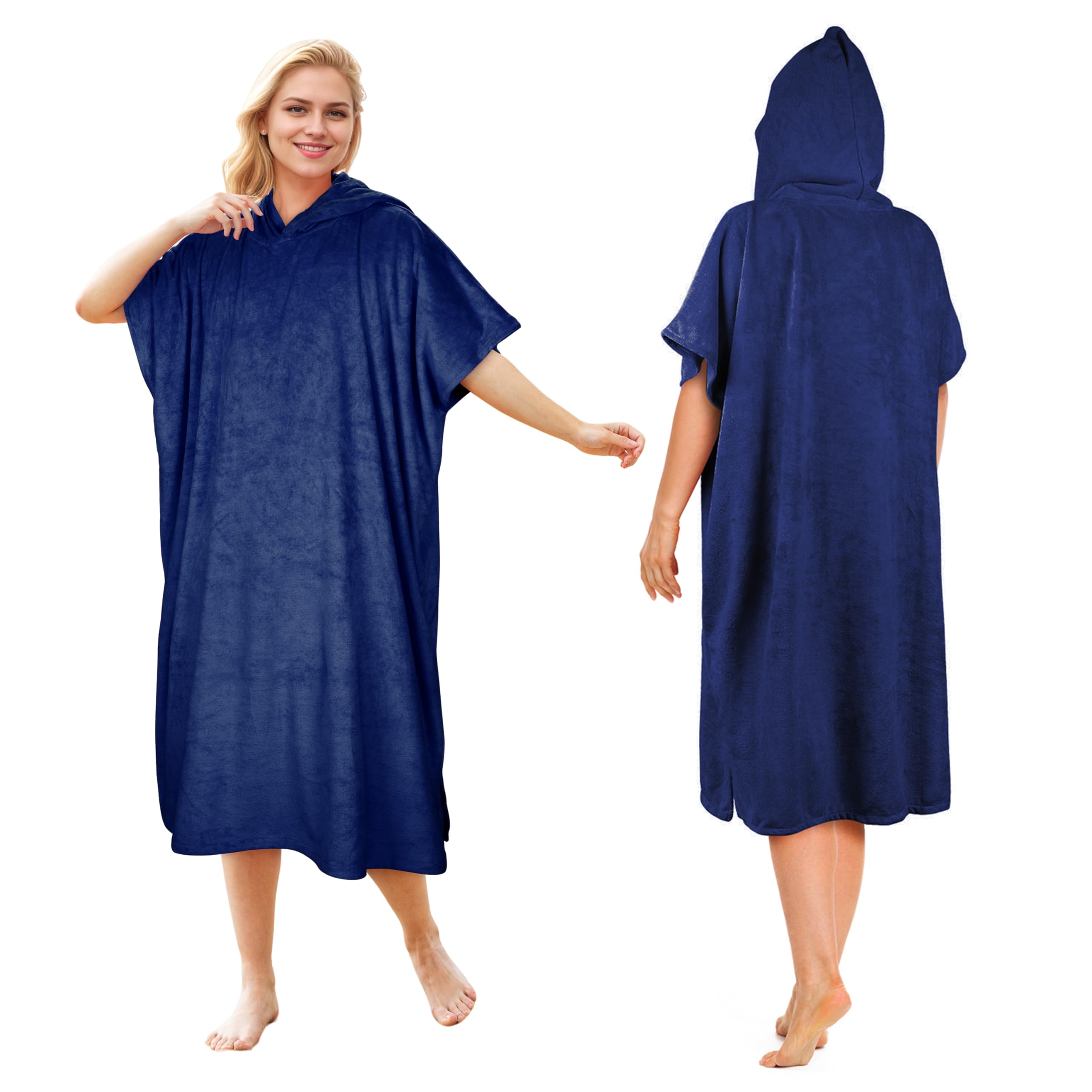 Kato Tirrinia Hooded Poncho Towel Changing Robe Adults, Surf Windproof Beach Robe Swim Towel for Outdoor Use, Super Water Absorbent Compact & Light Weight, One Size Fit Men Women Navy