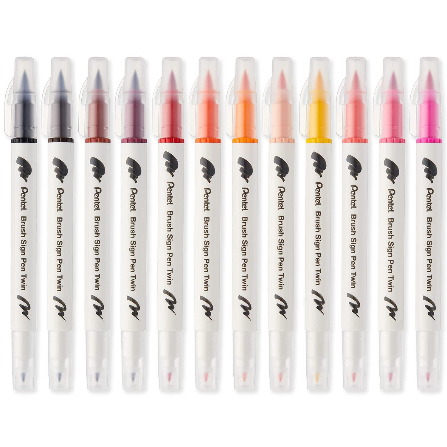 Pentel SESW30C Brush Sign Pen Twin Fibre Tip Pen - Double Ended - Water-based Ink - Warm Tones Pack of 12 - Brown/Red/Orange/Pink Ink