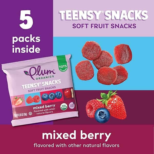 PLUM ORGANICS TEENSY SNACKS SOFT FRUIT SNACKS – MIXED BERRY – 0.35 OZ BAGS (PACK OF 5) – ORGANIC TODDLER FOOD FRUIT SNACKS