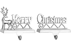 Klikel Stocking Holder Set of 2 - Marry Christmas Reindeer Stocking Hanger for Mantel - Shiny Silver Metal Deer Marry Christmas Stocking Holder for Fireplace Mantle - Heavy Stocking Holder for Mantle