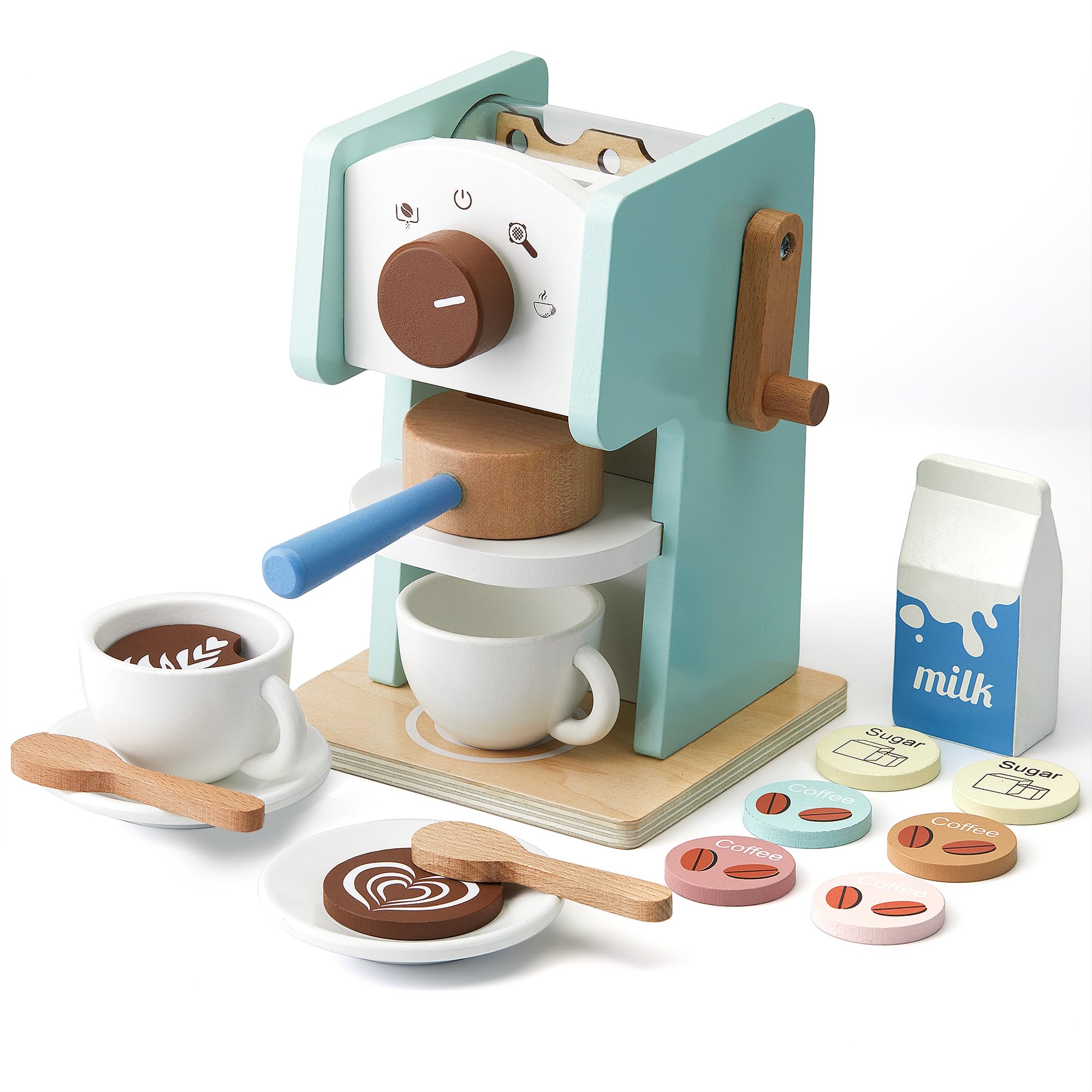Kids Coffee Maker Toy with Grinder,15 Pcs Wooden Coffee Maker Playset, Wooden Toys Toddler Play Kitchen Accessories Gift for Boys & Girls