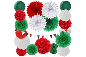 Red Green-White Christmas Party Decorations - 20pcs Mexican Italian Paper Lanterns Fans,Tissue Pom Poms,Honeycomb Balls,Bunting,Birthday Mexico Italy Baby Shower Wedding Decor Burgleda